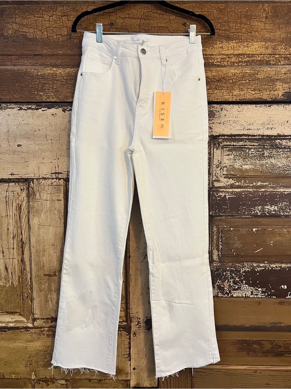 Risen NWT White Flare Jeans Raw Hem High Rise Stretch Denim